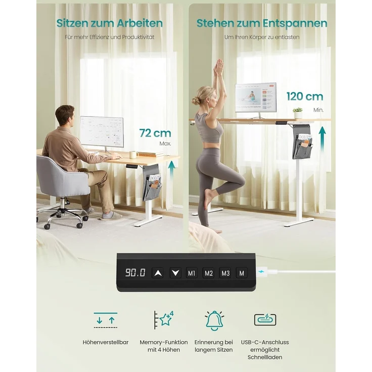 SONGMICS Höhenverstellbarer Schreibtisch elektrisch, 180x80 cm, Memory-Funktion mit 4 Höhen, USB-C-Anschluss, goldeichenfarben LSD138YA01 – Bild 3