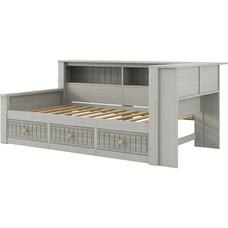 Stauraumbett, 90x200cm, Schlafsofa mit LED-Beleuchtung, Lattenrost, Schubladen, Regal, Steckdose, USB/Type-C, Holzbett, Jugendbett, Einzelbett – Bild 5