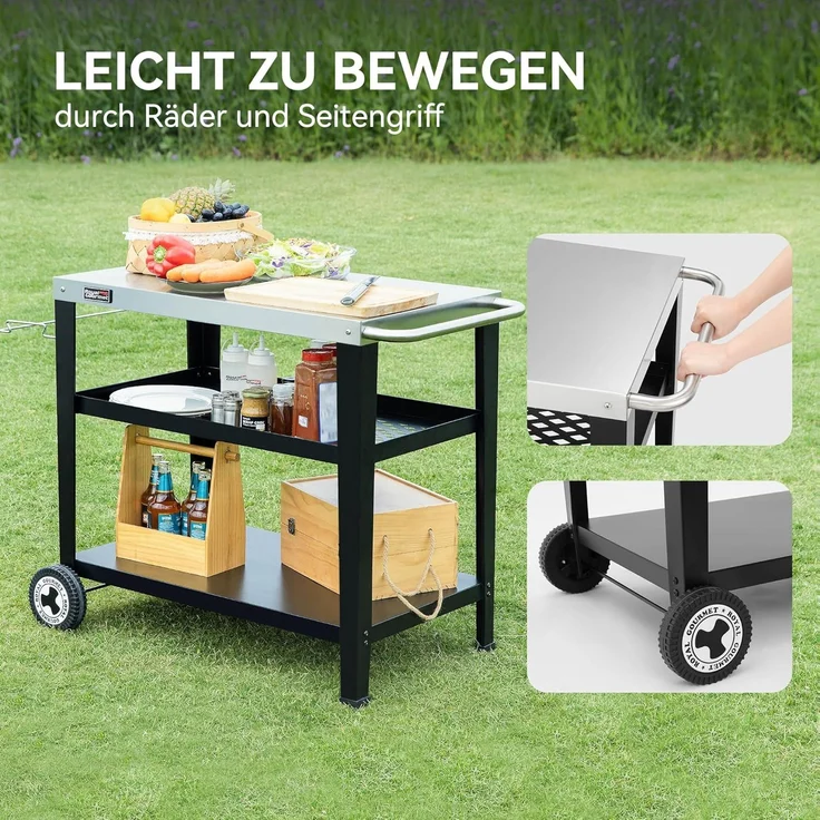 Royal Gourmet Servierwagen 3-Etagen mit Müllsackhalter Küchenwagen Edelstahl Beistelltisch Outdoor Plancha Grilltisch Rollwagen Trolley Silber Arbeitsplatte 85 x 50cm – Bild 5
