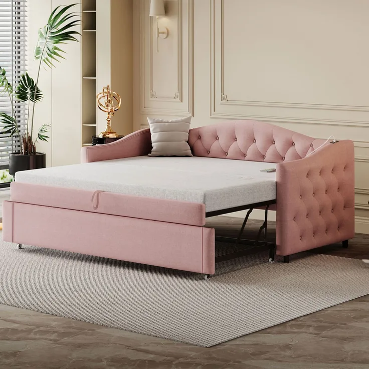 Polsterbett Ausziehbares Schlafsofa, 90*200 cm, Mit USB-Anschluss, Klassische Form mit Knöpfen mit Lattenrost, Multifunktionsbett - Gästebett, Leinenstoff, Grau (Matratze nicht enthalten)