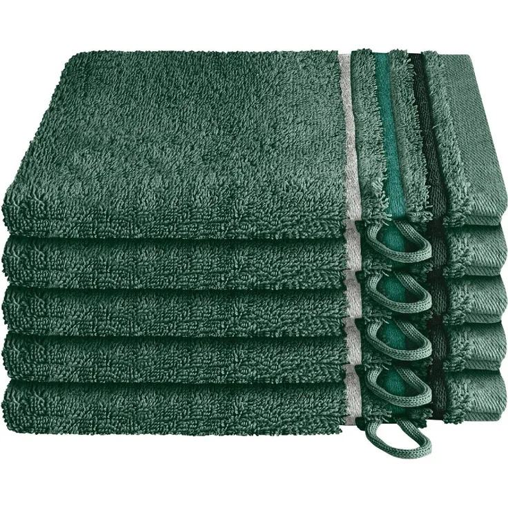 Schiesser Frottier Waschhandschuhe Skyline Color im 5er Set aus kuschelweicher Baumwolle, Made IN Green, Farbe:Dunkelgrün, Größe:16x22 cm