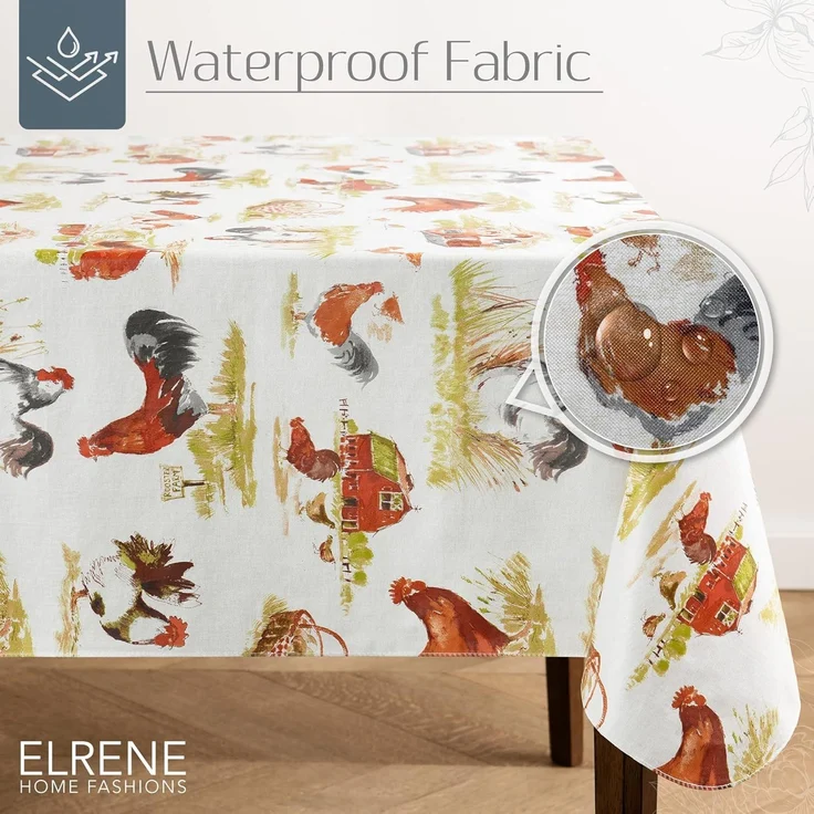 Elrene Home Fashions Vintage Hahn Country Farm Bedruckte Wasser- und schmutzabweisende Vinyl-Tischdecke für drinnen und draußen, Flanell-Rückseite, 132,1x177,8 cm, rechteckig – Bild 2