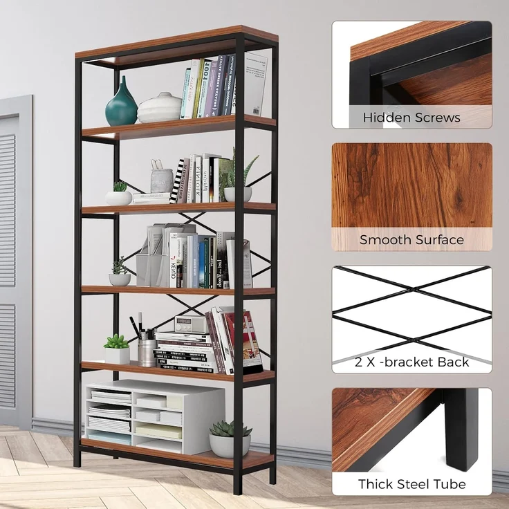 5-stöckiges industrielles Bücherregal, Vintage stehendes Lagerregal, Ausstellungsregale, hohes Bücherregal, industrielle Metall-Bücherregale für Wohnzimmer, Schlafzimmer und Heimbüro – Bild 6