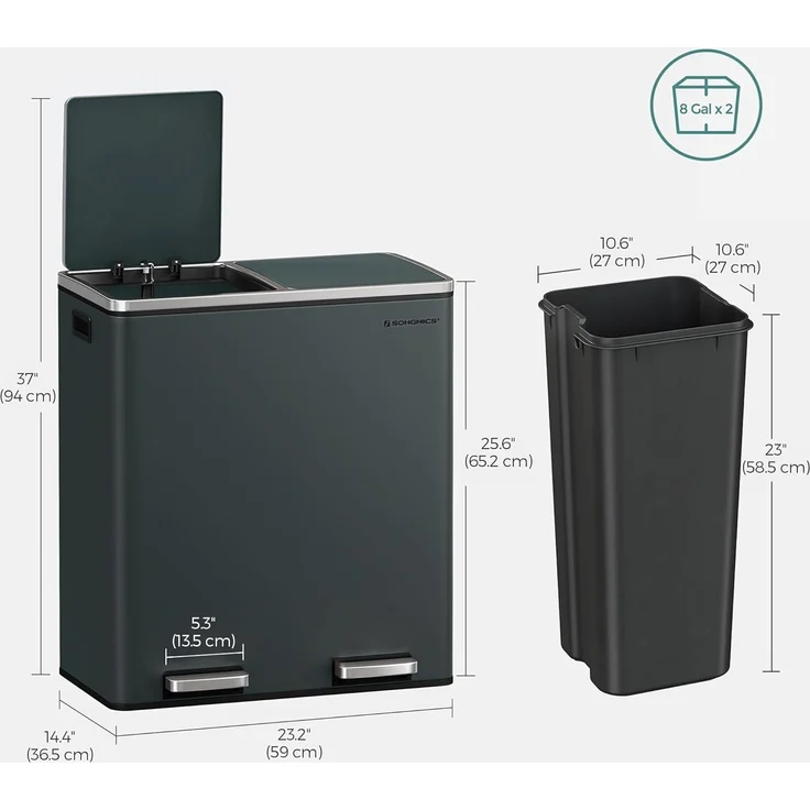 Songmics Mülleimer mit 2 Fächern und Softclose, luftdicht inkl. Müllbeutel, Metall, 60 (2x30) Liter, Rauchgrau – Bild 7