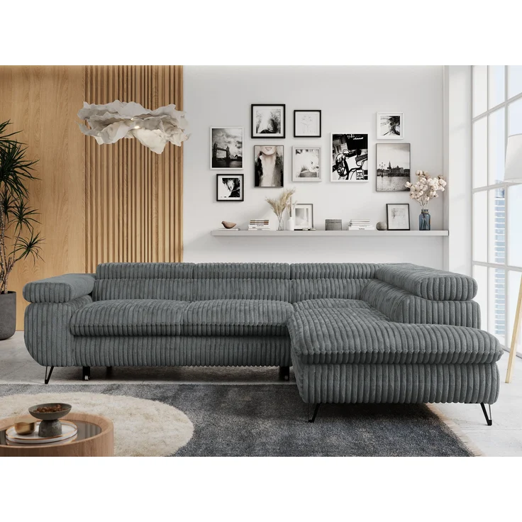 Mks Möbel 'Peter L-form' Ecksofa mit Bettfunktion, Bettkasten & einstellbaren Kopfstützen, Dunkelgrau, Cord, mit Topper, rechts – Bild 4