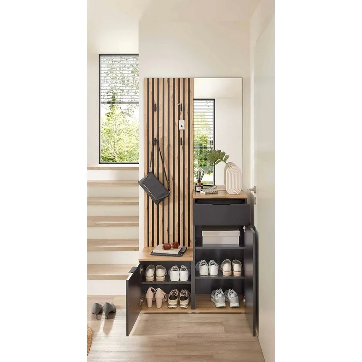 moebel-dich-auf Kompaktgarderobe EASY (Paneel + Bank + Spiegel + Schuhschrank, in 2 Farbvarianten, Lamellenoptik) 88 cm breit – Bild 2