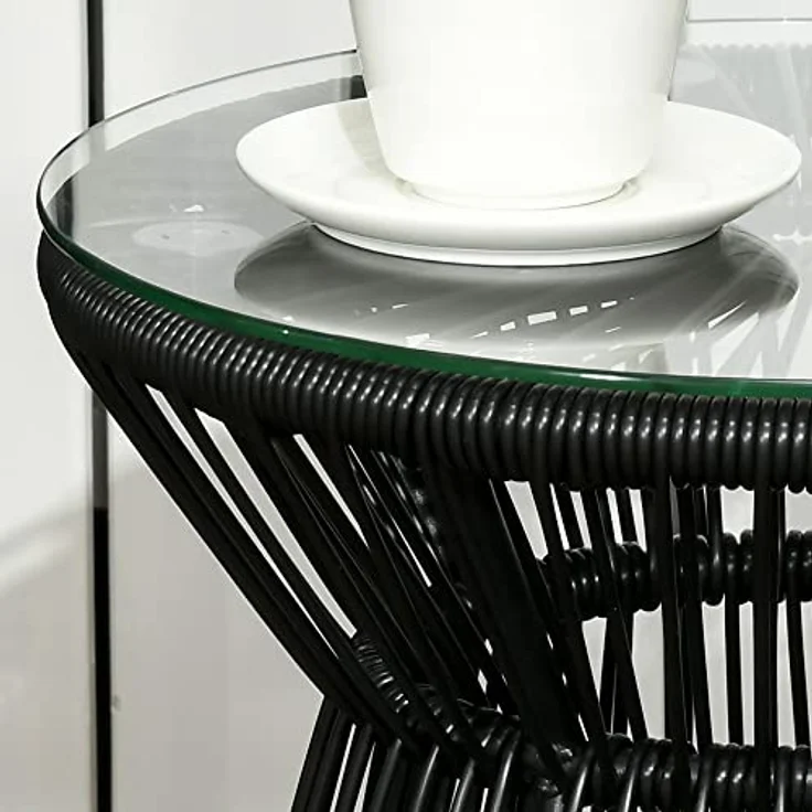 Outsunny Beistelltisch Runder Ratten Kaffeetisch, Bistrotisch mit Glastischplatte (Gartentisch, 1-St, Couchtisch), für Terrasse, Balkon, Metall, Schwarz – Bild 8