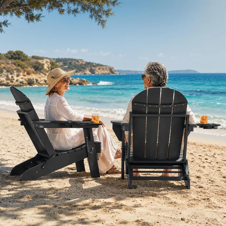 Aoxun Adirondack-Loungesessel mit ausziehbarer Fußstütze & Getränkehalter, 133 x 52 x 90 cm, klappbarer Gartensessel aus HDPE-Kunststoff in Holzoptik, wetterfest für Terrasse, Balkon & Rasen, Schwarz – Bild 4