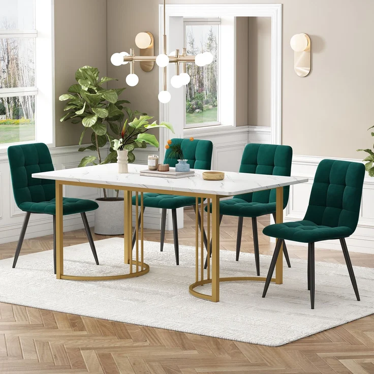 Merax Essgruppe (5-tlg), Esstisch mit 4 Stühlen Set, Moderner Küchentisch Set , 140×80cm Küchentisch mit Golden Metallbeinen, MDF Tischplatte in Weißer, Dunkelgrün Samt Esszimmerstühle – Bild 1