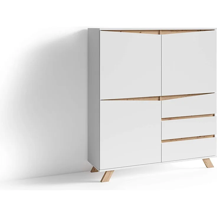 byLIVING Highboard VALENTIN / Sideboard matt weiß mit Absetzung in Eiche-Optik / Wohnzimmer-Schrank mit 3 Türen und 3 Schubkästen / Im Scandi-Style / Grifflos / B 120, H 142, T 38 cm
