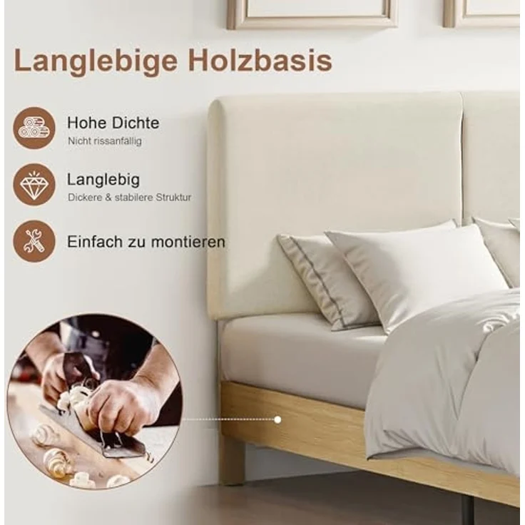 VECELO Polsterbett 140x200 cm, Doppelbett mit Höhenverstellbarem Kopfteil, Baumwoll Leinen Stoff, Stabiler Lattenrost, Geräuscharm und Einfach montierbar, für Schlafzimmer und Gästezimmer, Beige – Bild 5