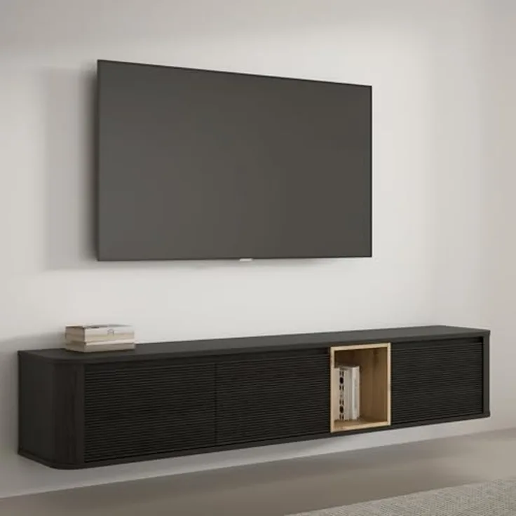 Forte BREATHTAKER TV-Schrank 220, modern minimalistisch, 3-türig, beleuchtetes Fach, Reliefstruktur, Holzwerkstoff, Cabezone/Artisan Eiche Holzdekor, 215 cm breit x 41,5 cm hoch x 41,3 cm tief