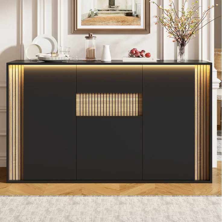 DESVIAE Sideboard Schwarz/Natur aus Spanplatte – 140x82x40 cm – 3 Türen, Schublade, LED-Beleuchtung – Bild 6