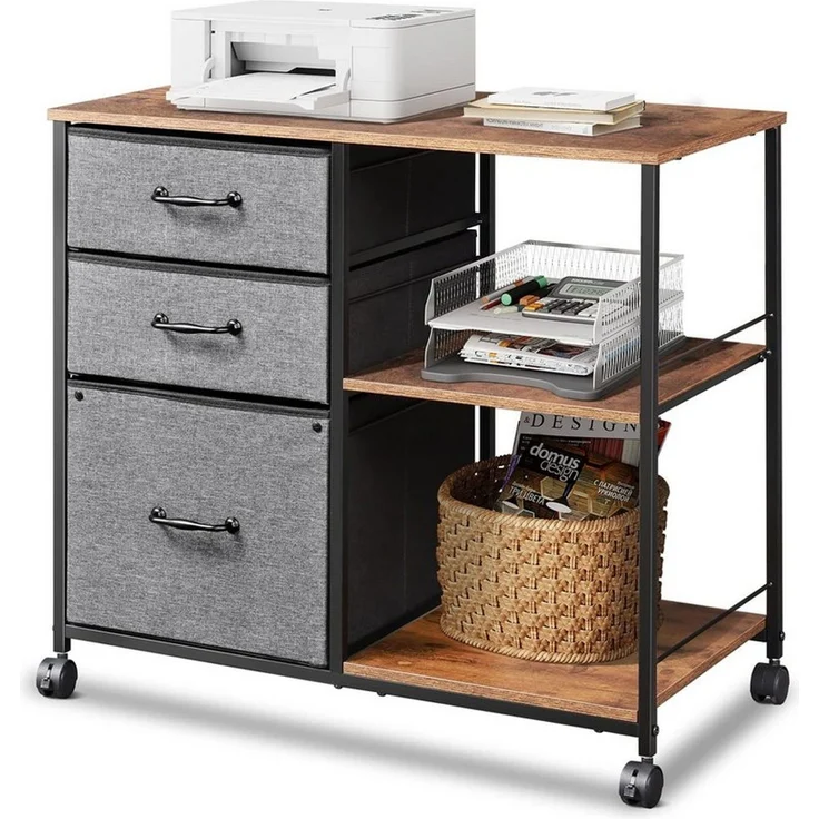 DEVAISE Aktenschrank Rollcontainer mit 3 Schubladen & 2 Ablagen, Mobiler Aktenschrank (Druckertisch für DIN A4/Legal/Letter, Breit 75cm) Schubladenschrank auf Rollen für Büro & Home Office – Bild 2