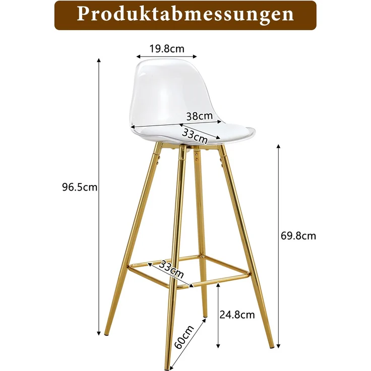 2er-Set Barhocker mit transparentem Lehnen, Goldgestell, Hochstuhl – für Café, Wohnzimmer und Thekenbereich--Gold, Transparent--38x33x96.5cm--YOUDENOVA – Bild 4