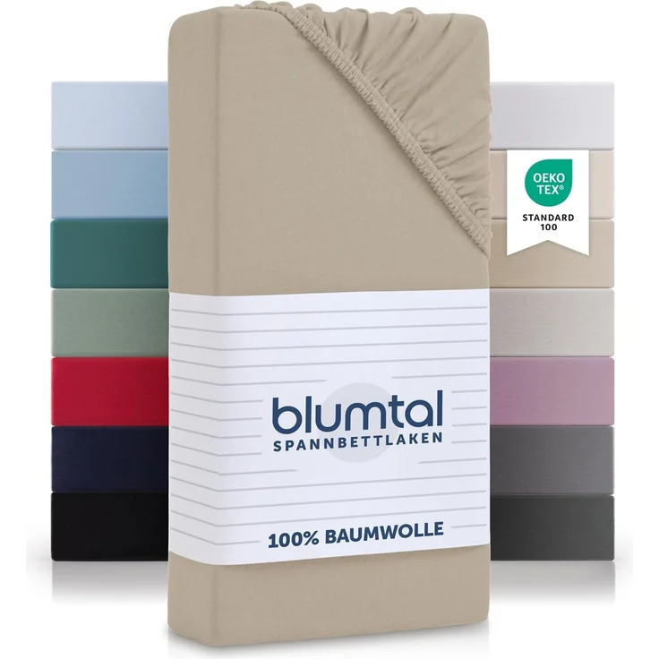 Blumtal® Baumwolle Spannbettlaken 120x200 cm Basics Jersey - Bettlaken 120x200 cm - Oeko-TEX zertifiziertes Spannbetttuch 120x200 cm - Matratzenbezug 120x200 cm - Bettbezug - Leintuch - Taupe – Bild 1