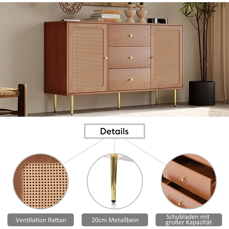 Vintage Kommode mit 3 Schubladen und verstellbarem Fachboden, Nussbaum Holzoptik, Stauraum Schrank – Bild 6