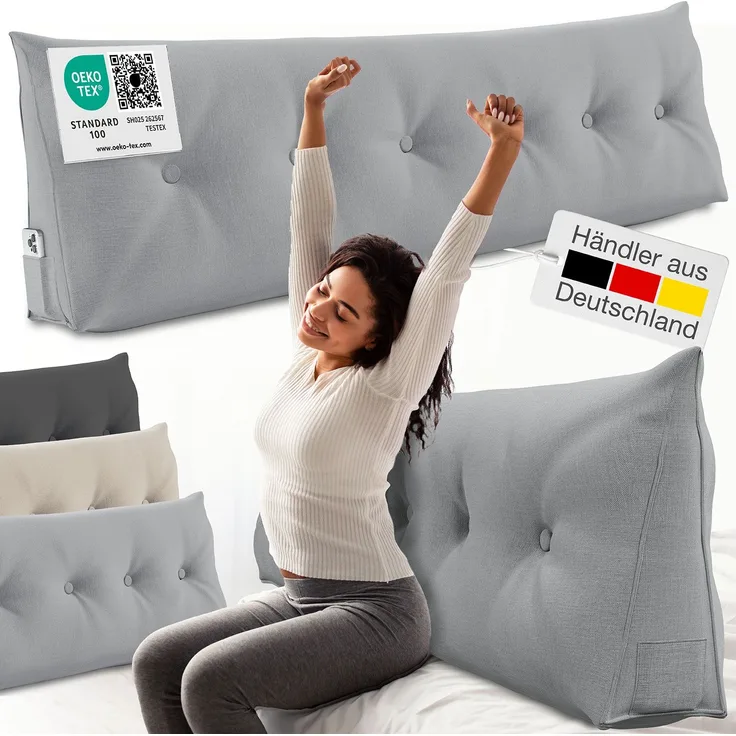 ELONEO Rückenkissen Bett- und Rückenstützkissen >Grau< 180cm