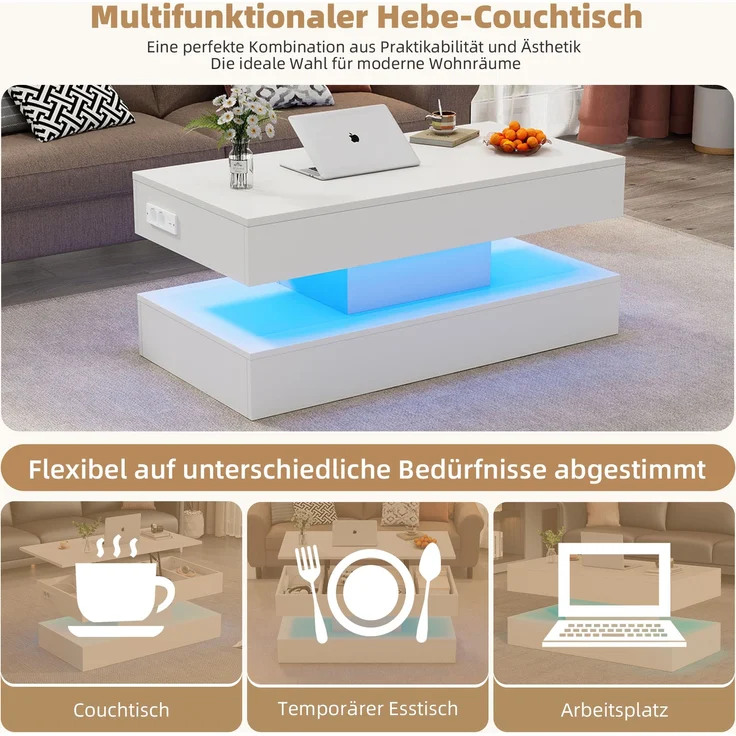 Couchtisch mit LED-Beleuchtung, Höhenverstellung & Steckdose 100x50x42 cm Weiß – Bild 3