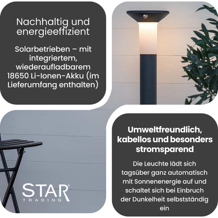 Star Solar LED Pollerleuchte Valta - Mit Bewegungsmelder & Dämmerungssensor- 400 Lumen Lichtstrom - Warmweiß - 90 cm Hoch - Graphit - Für den Außenbereich – Bild 3