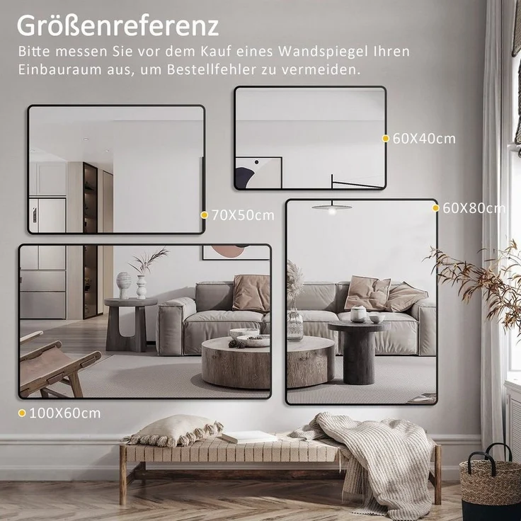 Boromal Spiegel Wandspiegel Rechteckig 50x70 60x80 Schwarz / Gold Metallrahmen Rattan (Badezimmerspiegel Dekospiegel Badspiegel, Rechteckig, 120x70, 100x70, 100x60, 40x60), Vertikal und Horizontal möglich, mit explosionsgeschützte membran – Bild 3