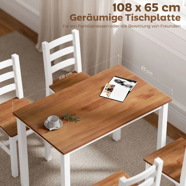 MELAYR, Essgruppenset, Esstisch, 4 Stühle, Esszimmerset, Kiefernholz, Braun+Weiß, 108 x 65 x 75 cm – Bild 6