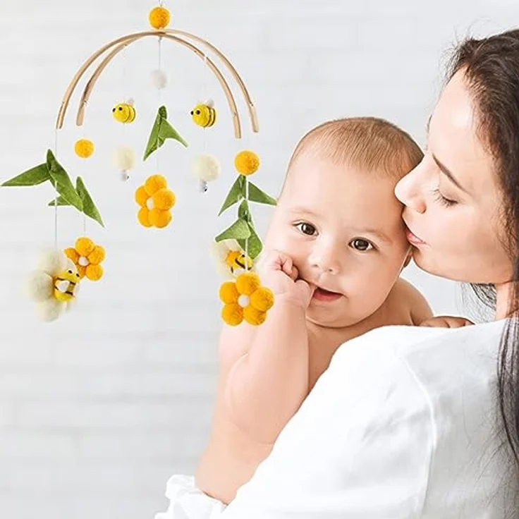 Herfair Mobile Baby Windspiele mit Filzbällen - Frische Blumen und Bienen, Kinderzimmer Hängende Bettglocke, für Babybett Wickeltisch Deko (Gelb) – Bild 6