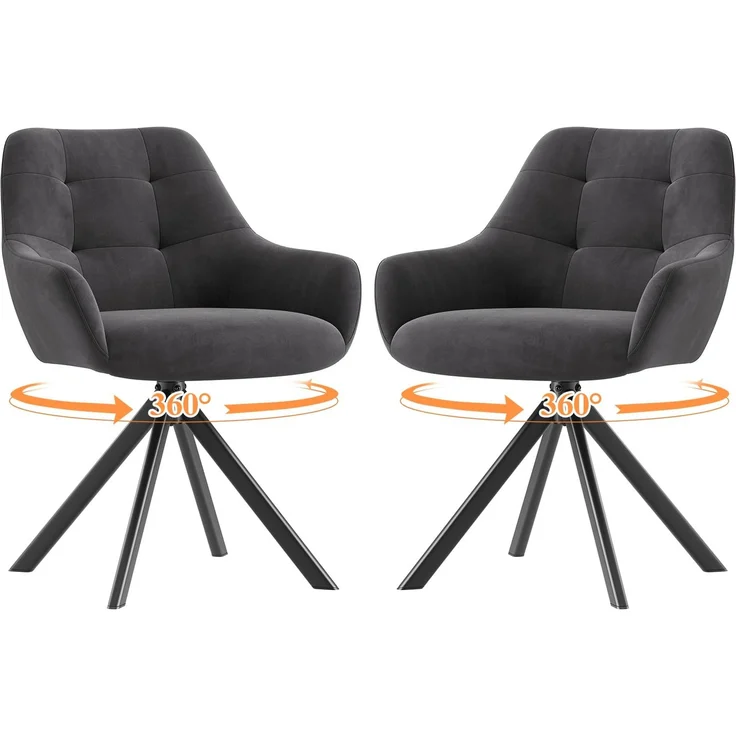 MALOL Drehbare Esszimmerstühle 2er Set, 360° Drehbare Armlehnstühle mit weichem Florstoff & Metallgestell, Bequeme Esszimmerstühle Drehbar mit Rückenlehne für Küche, Esszimmer, Büro, Grau