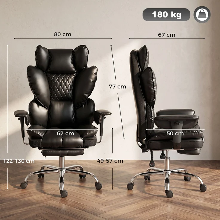 Wohnora-Chefsessel aus Kunstleder bis 180 kg, großer Bürostuhl mit Taschenfederkern und Liegefunktion, schwarz,H 1300cm x T 800cm x B 630cm – Bild 5
