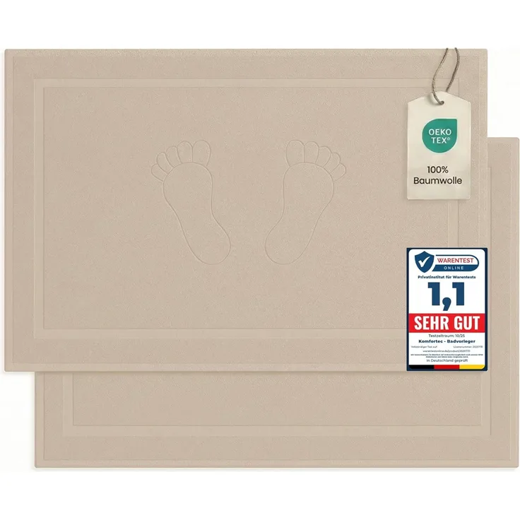 Komfortec Badematte Badvorleger aus 100% Baumwolle, 50x80 cm Duschvorleger, Waschbar Duschmatte, Frottee, Rechteckig, 800 g/m², 2er Set, Saugfähig & Schnelltrocknend