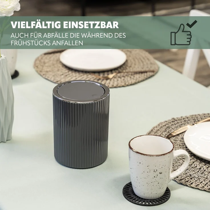 Mini-Kosmetikeimer GAVELLO mit Schwingdeckel | Badeimer mit Rillendekor, Kunststoff 1,5 Liter grau – Bild 4