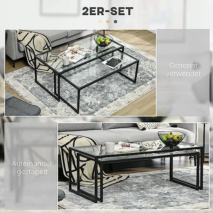 HOMCOM Couchtisch-Set, Transparentes Glas und schwarzes Metall, 2-teilig, stapelbar, 56x44,5x119 cm – Bild 4
