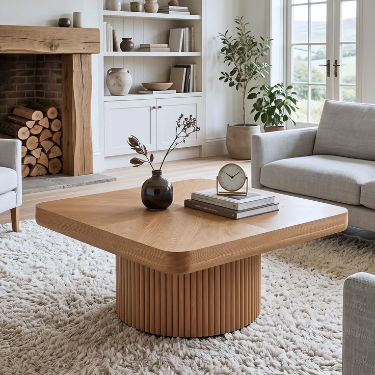EINHOM 78 cm Holzcouchtisch mit Rillen-Zylinderbasis, Abgerundet-Quadratischer Dicker Tischplatte, Moderner Landhaus-Tisch, Einzeln oder 2-Teilig Kombinierbar, Einfache Montage, Naturholz