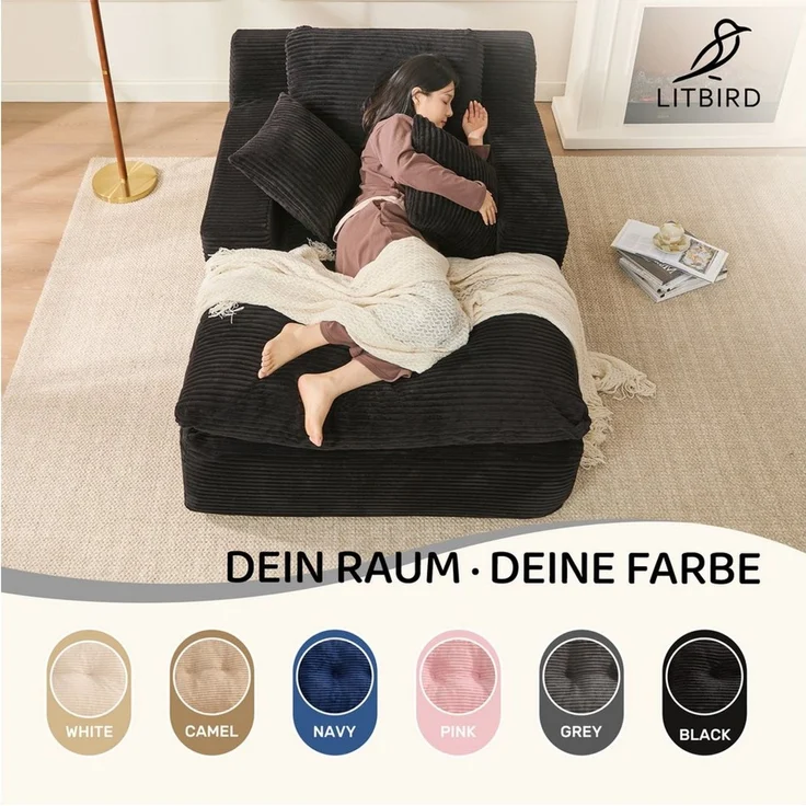 LITBIRD Chaiselongue 160 cm Loungesofa, Boneless Bodensofa & Schlafsofa mit Schlaffunktion, 1 Teile, Platzsparendes Cloud Sofa mit Armlehnen für Wohnzimmer – Bild 3