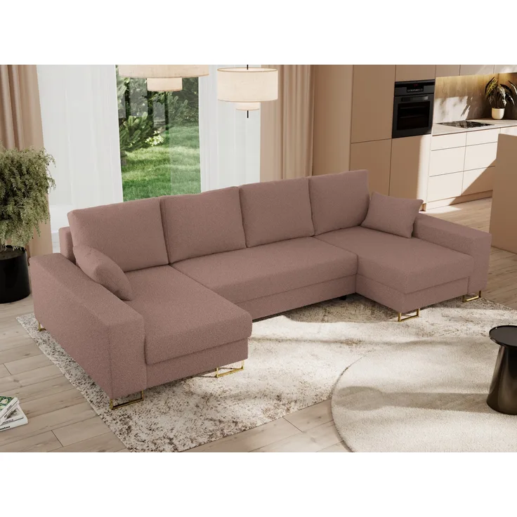 U-förmiges Ecksofa auf goldenen Metallbeinen, mit Schlaffunktion und drei Bettkästen für das Wohnzimmer - DORIAN U - Rosa Boucle