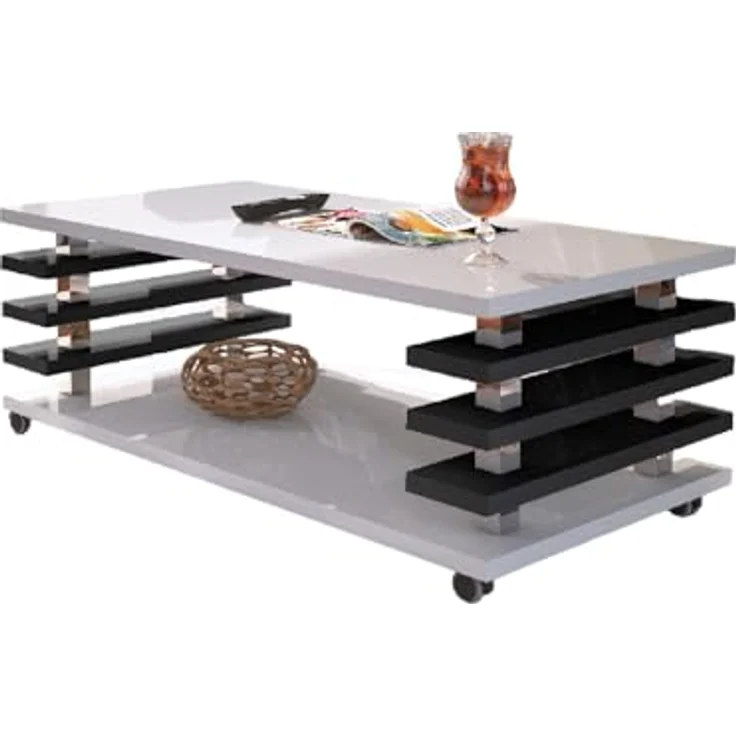 designimpex Couchtisch, Weiß Hochglanz und Schwarz Hochglanz, Holzwerkstoff, 120x45x60 cm, mit parkettgeeigneten Rollen – Bild 3