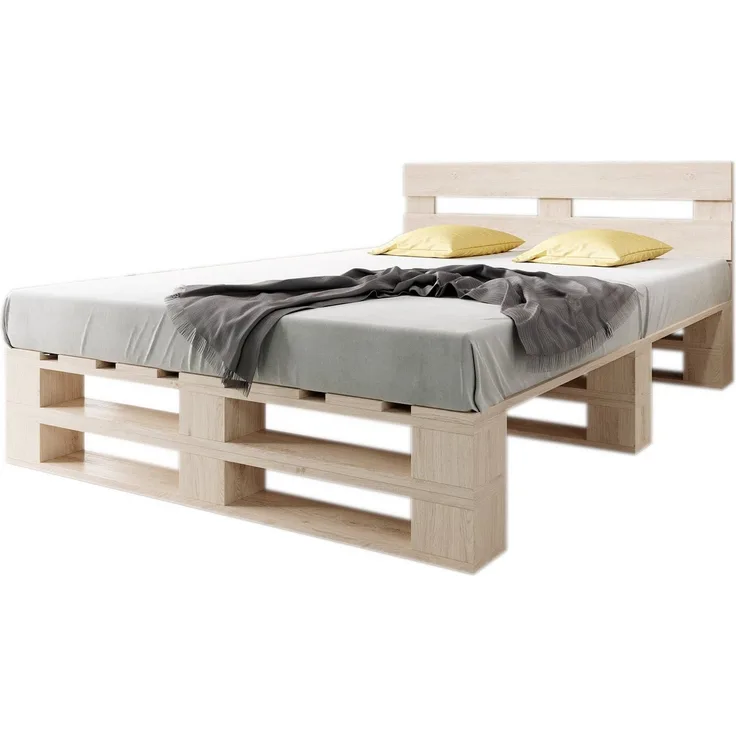 sunnypillow Palettenbett M2 aus Holz 180x200 cm mit Kopfteil und Lattenrost, Doppelbett, Familienbett - erhöhtes Ehebett Bettgestell Futonbett Komforthöhe Naturholz Massivholzbett