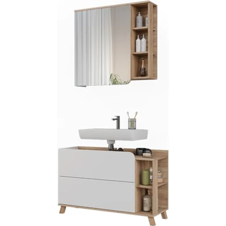 Vichy Badmöbel-Set Karen, 2-teilig, Waschbeckenunterschrank und Spiegelschrank, Sonoma/Weiß, hochwertige Verarbeitung – Bild 6