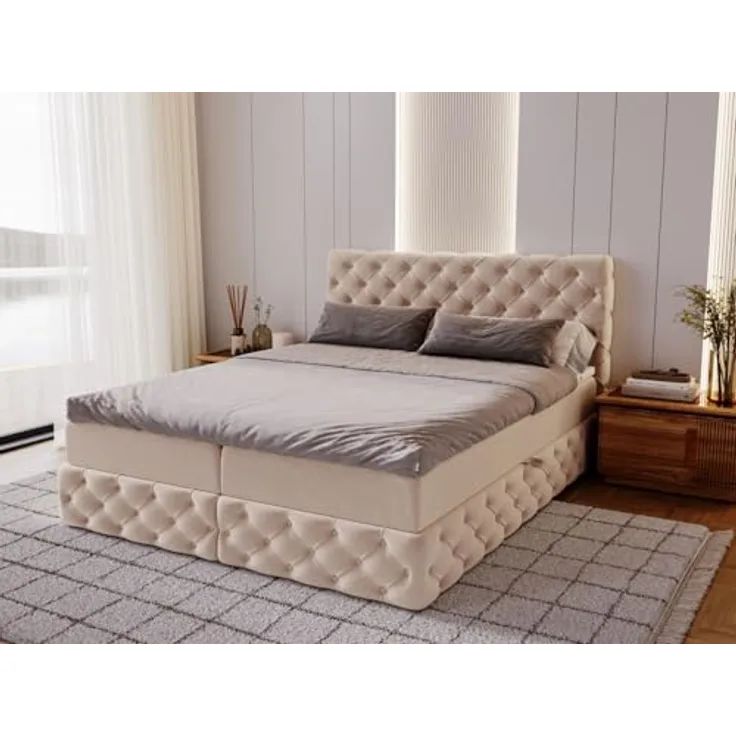 Graingold Boxbett Canolo, Beige, Boxspringbett mit Bettkasten und gesteppter Rückenlehne, 160x200 cm, Royal Velvet