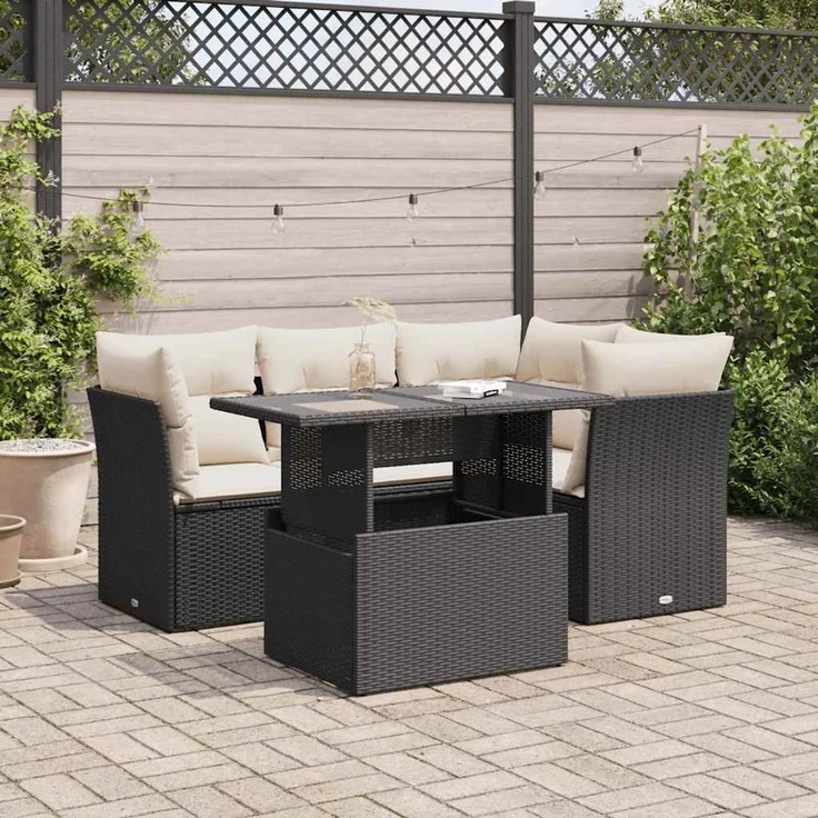 vidaXL 5-tlg. Garten-Sofagarnitur mit Kissen Schwarz Poly Rattan 3326147 – Bild 1