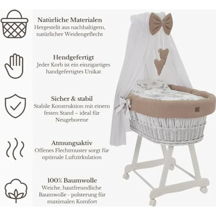 Wiklinopol Stubenwagen aus Weide mit Baldachin und Gestell Lena – Moseskorb in Weiß, Komplettset mit 5-TLG. Waffel-Bettwäsche Kaninchen Beige – Mit Rollen, Tragbar, Sicher – Bild 3