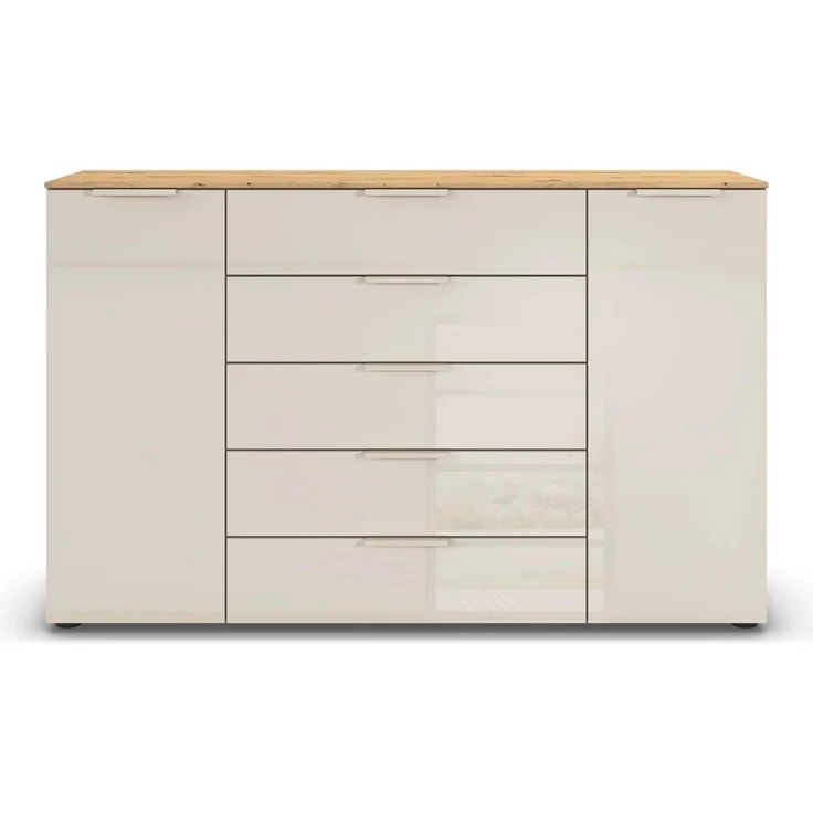 Rauch Möbel Flipp, Kommode für Schlafzimmer, Kinderzimmer, Wohnzimmer, Jugendzimmer, Flur, Garderobe, 2-türig, 5 Schubladen, mit Softclose-Funktion, Farbe Eiche Artisan, Holz/Glas Beige, Breite 160 cm – Bild 5