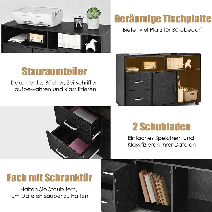 COSTWAY Rollcontainer mit 3 offenen Fächern, 2 Schubladen, Türschrank, frei beweglich, für Dokumente in DIN A4, Letter-Format, Drucker, Aktenschrank Holz schwarz – Bild 5
