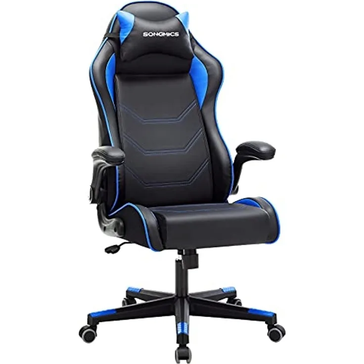 Songmics Gamingstuhl, Racing Chair, ergonomischer Schreibtischstuhl, Bürostuhl mit Kopfstütze und verstellbaren Armlehnen, höhenverstellbar, Stahlgestell, Kunstleder, Schwarz-blau RCG014B01