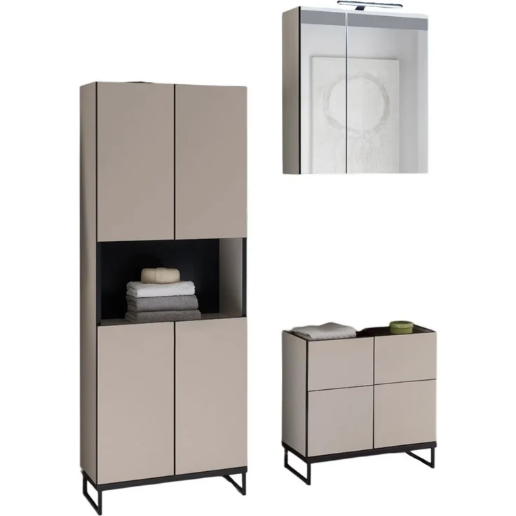 moebel-dich-auf Badmöbel-Set VENEZIA, (inklusive LED-Beleuchtung, kaschmir Spiegelschrank WBU optional mit Hoch-/Highboard), Metall Füße – Bild 2