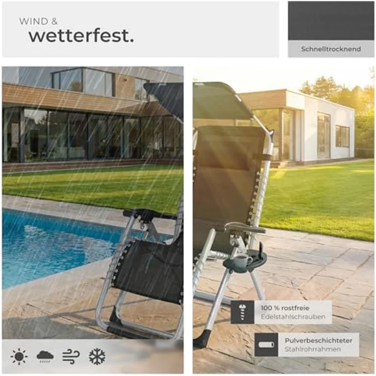 tectake® Sonnenliege klappbar, Liegestuhl, Gartenliege mit Sonnendach, Outdoor Sessel für Balkon oder Garten, Liege mit extra Dicker Auflage, Relaxliege belastbar bis 200kg - hellgrau – Bild 9
