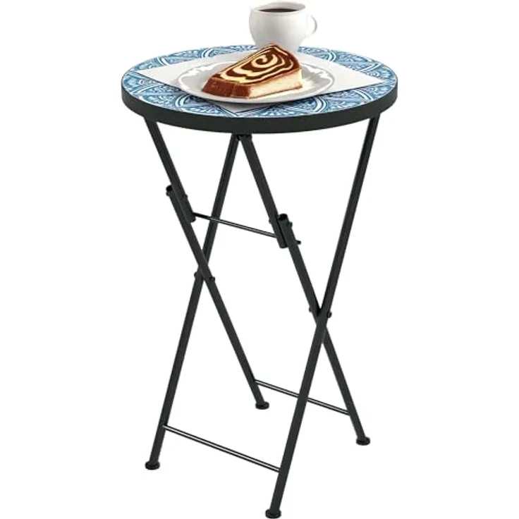 Outsunny Gartentisch mit Mosaik-Design, Ø35,5 x 55 cm, Rund, wetterfest, aus Metall (klappbar Balkontisch, 1-St, Beistelltisch), für Wohnzimmer, Büro, Outdoor, Indoor, Blau