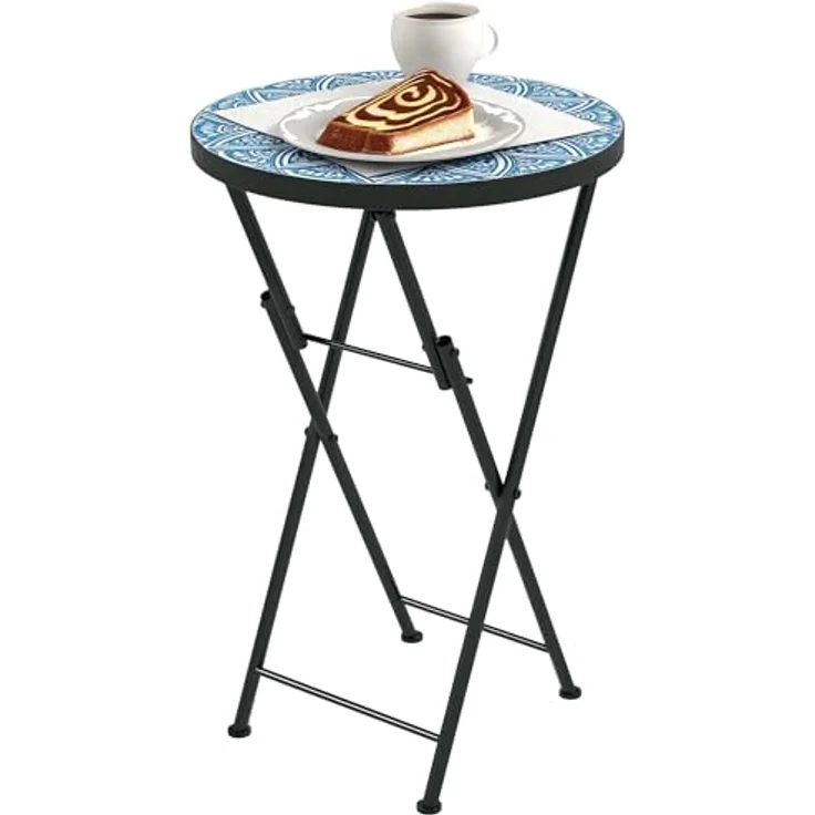 Outsunny Gartentisch mit Mosaik-Design, Ø35,5 x 55 cm, Rund, wetterfest, aus Metall (klappbar Balkontisch, 1-St, Beistelltisch), für Wohnzimmer, Büro, Outdoor, Indoor, Blau – Bild 1