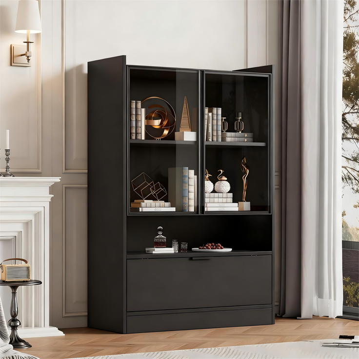N625P250568569S) Moderne LED Vitrine Schwarz Matt Höhe 120cm mit app LED-Beleuchtung, Glasvitrine Standvitrine mit Beleuchtung, Wohnzimmerschrank mit Glastüren und Klapptür, Spanplatte Display Schrank--Schwarz--80x35x120cm--YOUDENOVA – Bild 2