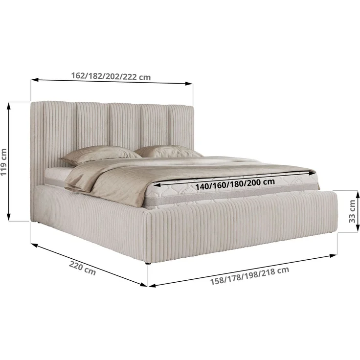 Polsterbett SAVINO CLASSIC mit Bettkasten und Lattenrost Doppelbett 180 x 200 cm mit hohem Kopfteil Stauraumbett Bett mit Gasdruckfeder - Beige Cord – Bild 6